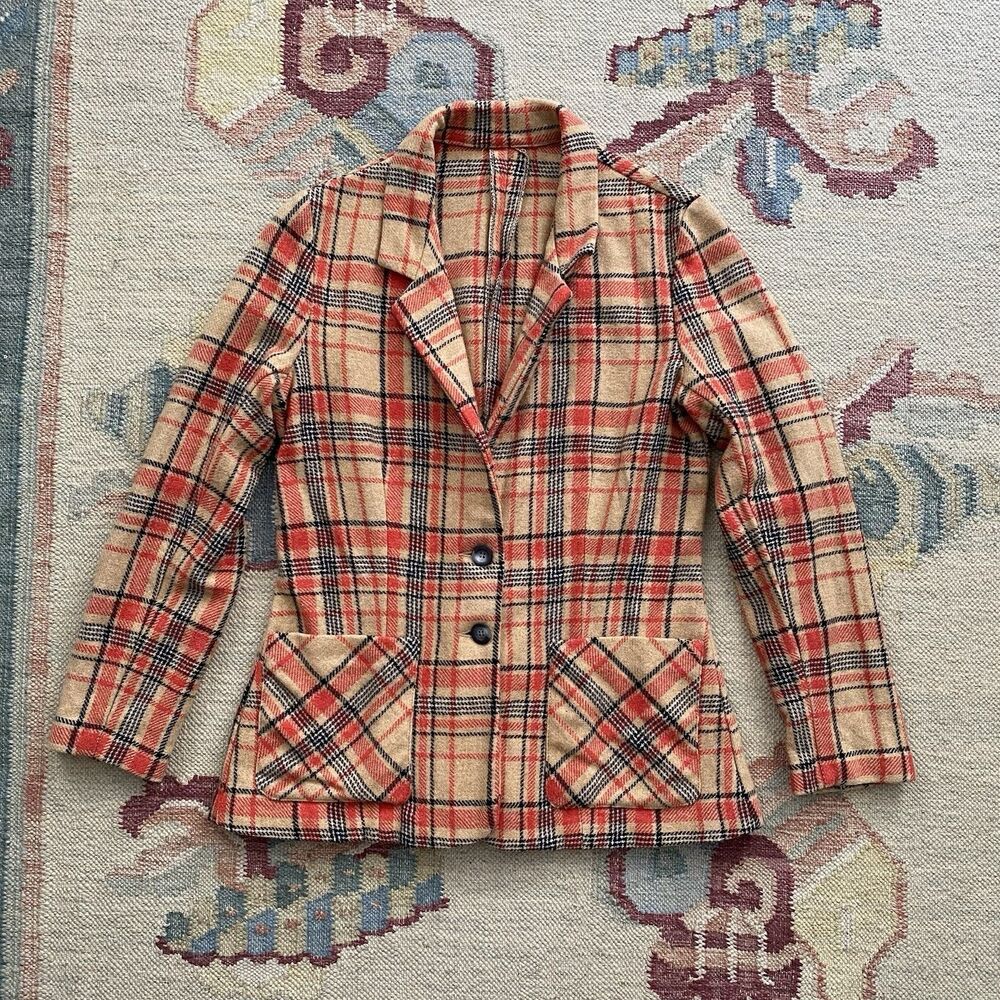 70s Womens Blazer Plaid Wool Vintage Medium Century Patch Pockets